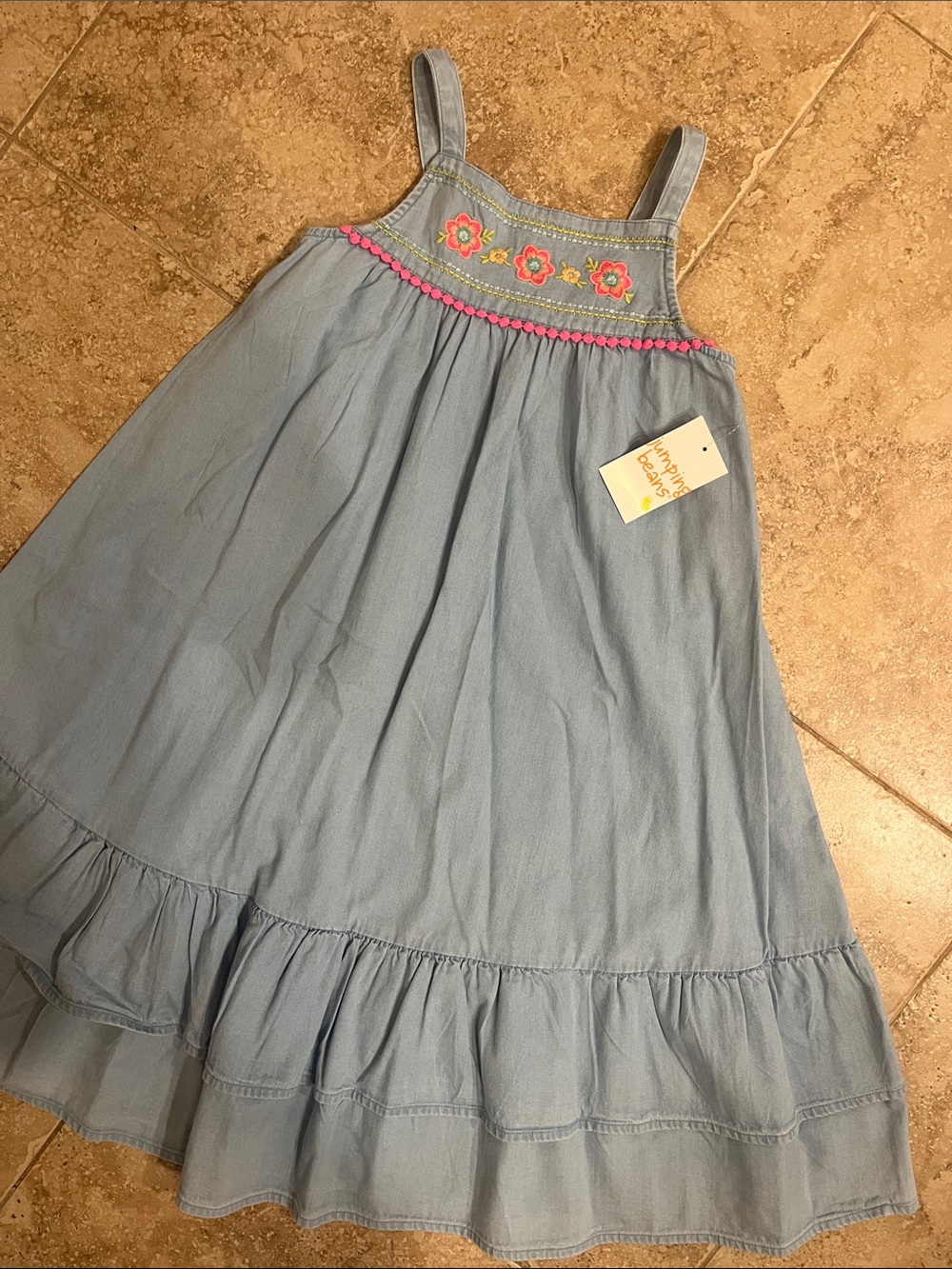 NWT jumping beans Denim Sundress with Pink and Yellow Floral Embroidery